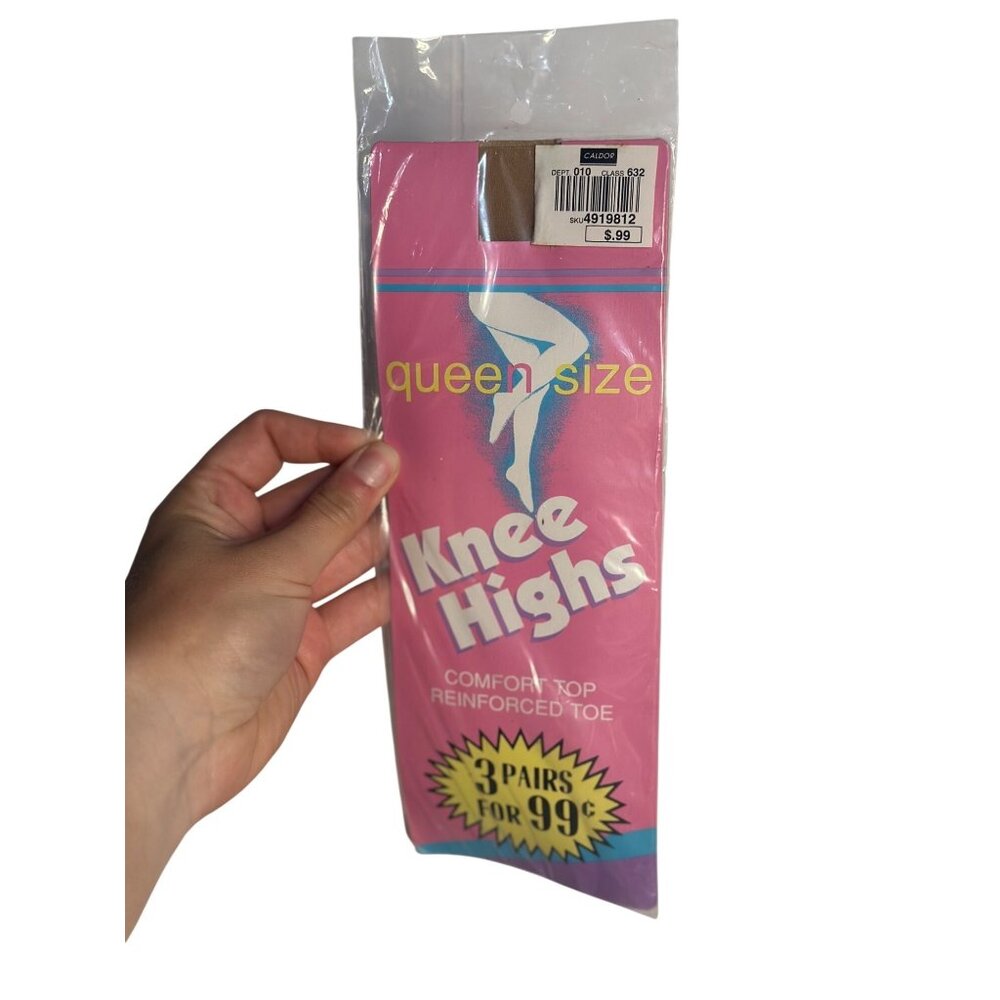 VTG Queen Size Knee Highs Stockings 3 Pairs Reinforced Toe Nylons NOS Sealed‎